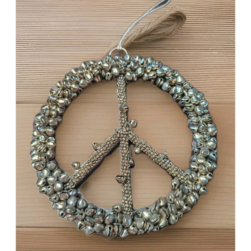 Pottery Barn Bell Peace Sign Hanging Gold Brass Tone Metal Boho Decor 6"